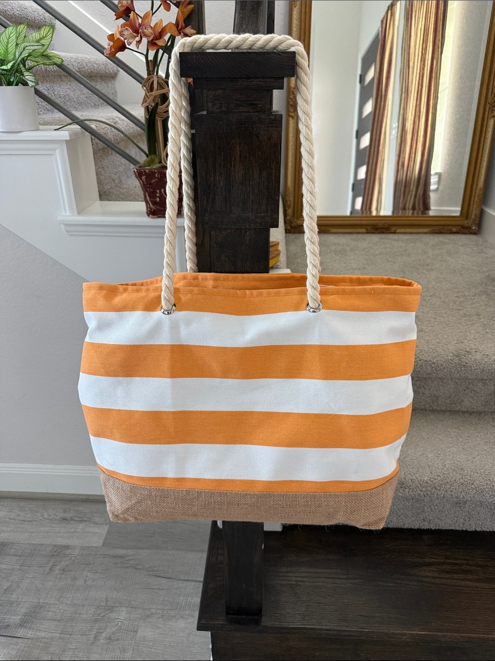 Striped Orange & White Canvas Tote Bag with Rope Handles